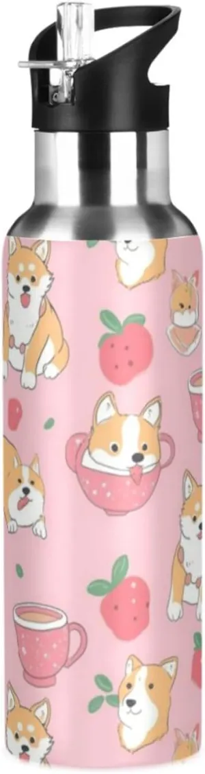 Cute Dogs Fruits Water Bottle with Straw Lid Double Wall Pink Cup Thermos Bottle Vacuum Insulated Flask Stainless Steel Water Bottle for Gym Outdoor 20 OZ