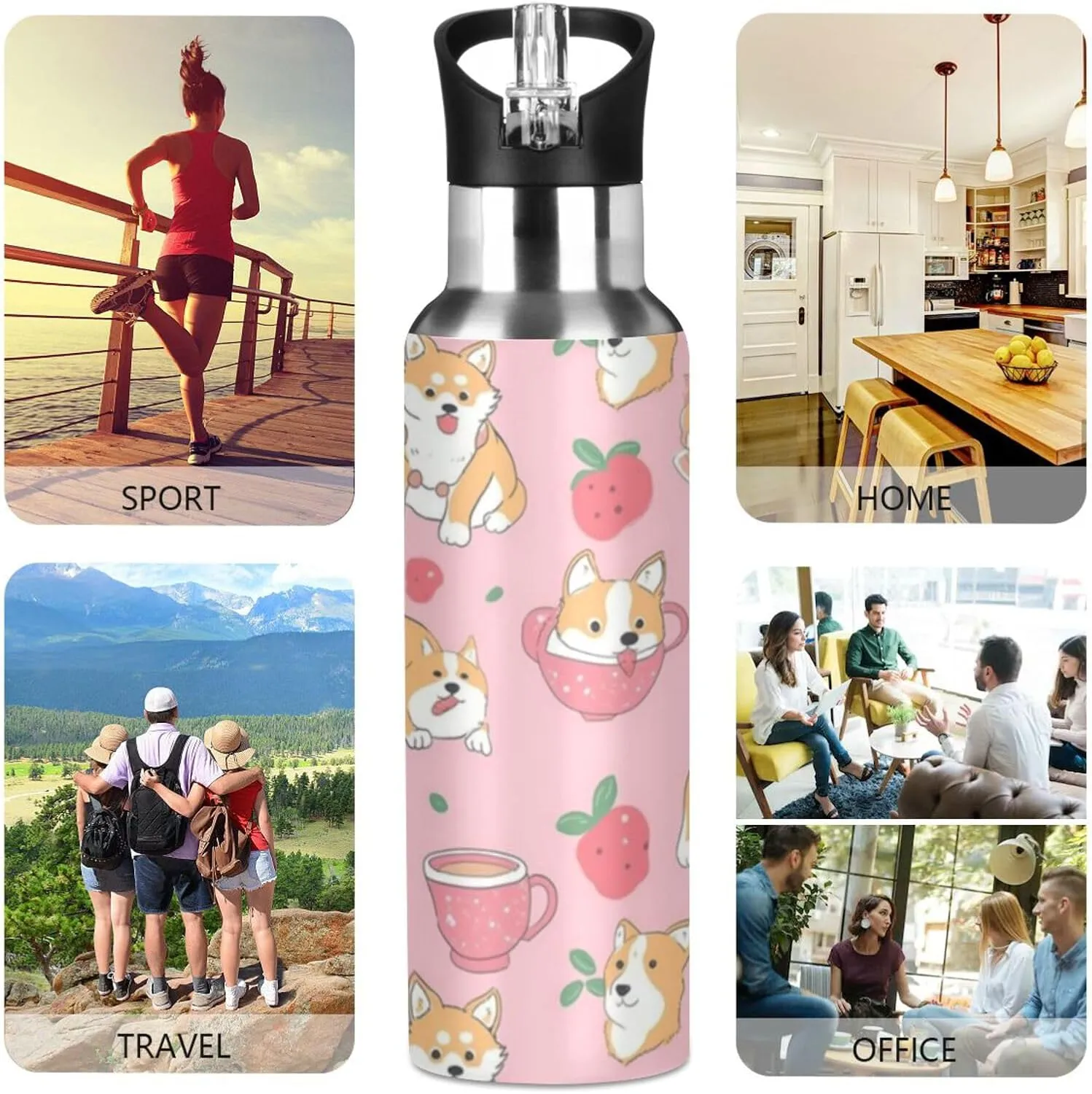 Cute Dogs Fruits Water Bottle with Straw Lid Double Wall Pink Cup Thermos Bottle Vacuum Insulated Flask Stainless Steel Water Bottle for Gym Outdoor 20 OZ