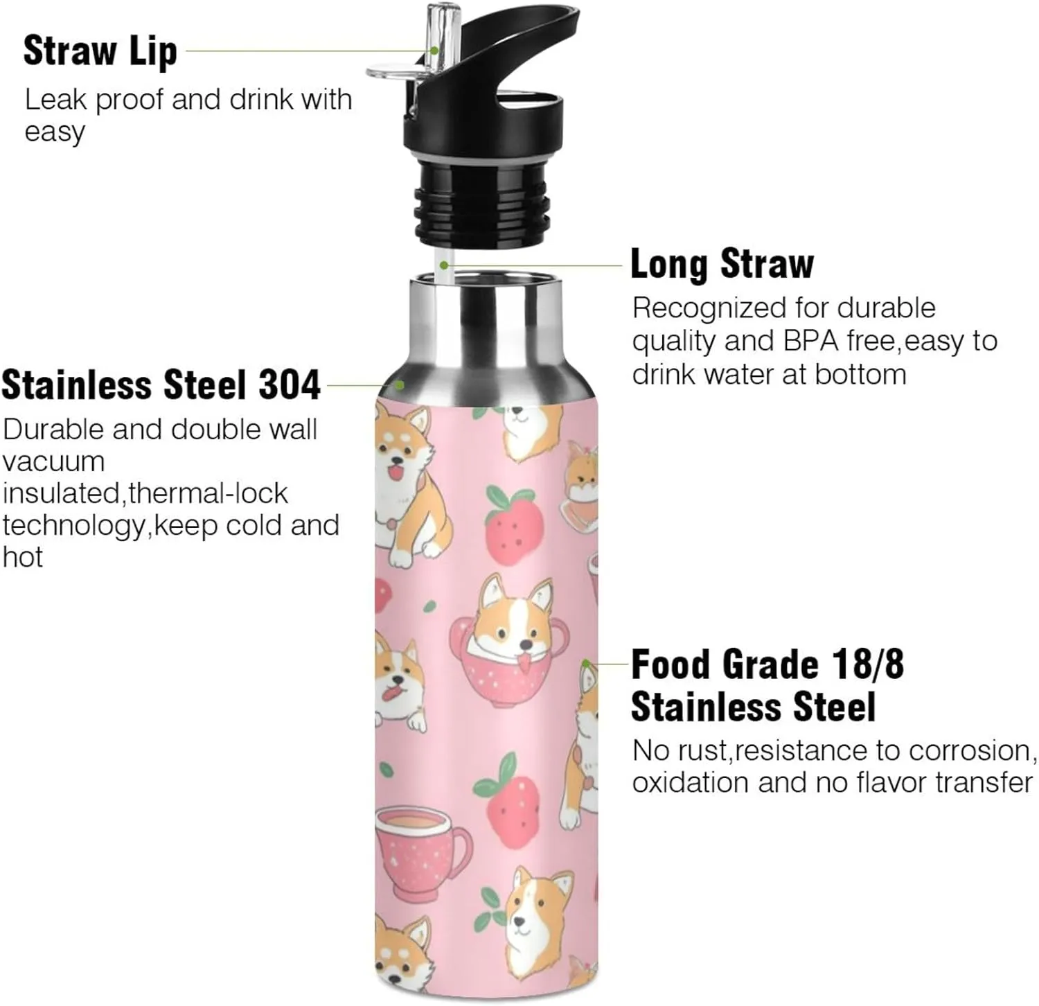 Cute Dogs Fruits Water Bottle with Straw Lid Double Wall Pink Cup Thermos Bottle Vacuum Insulated Flask Stainless Steel Water Bottle for Gym Outdoor 20 OZ