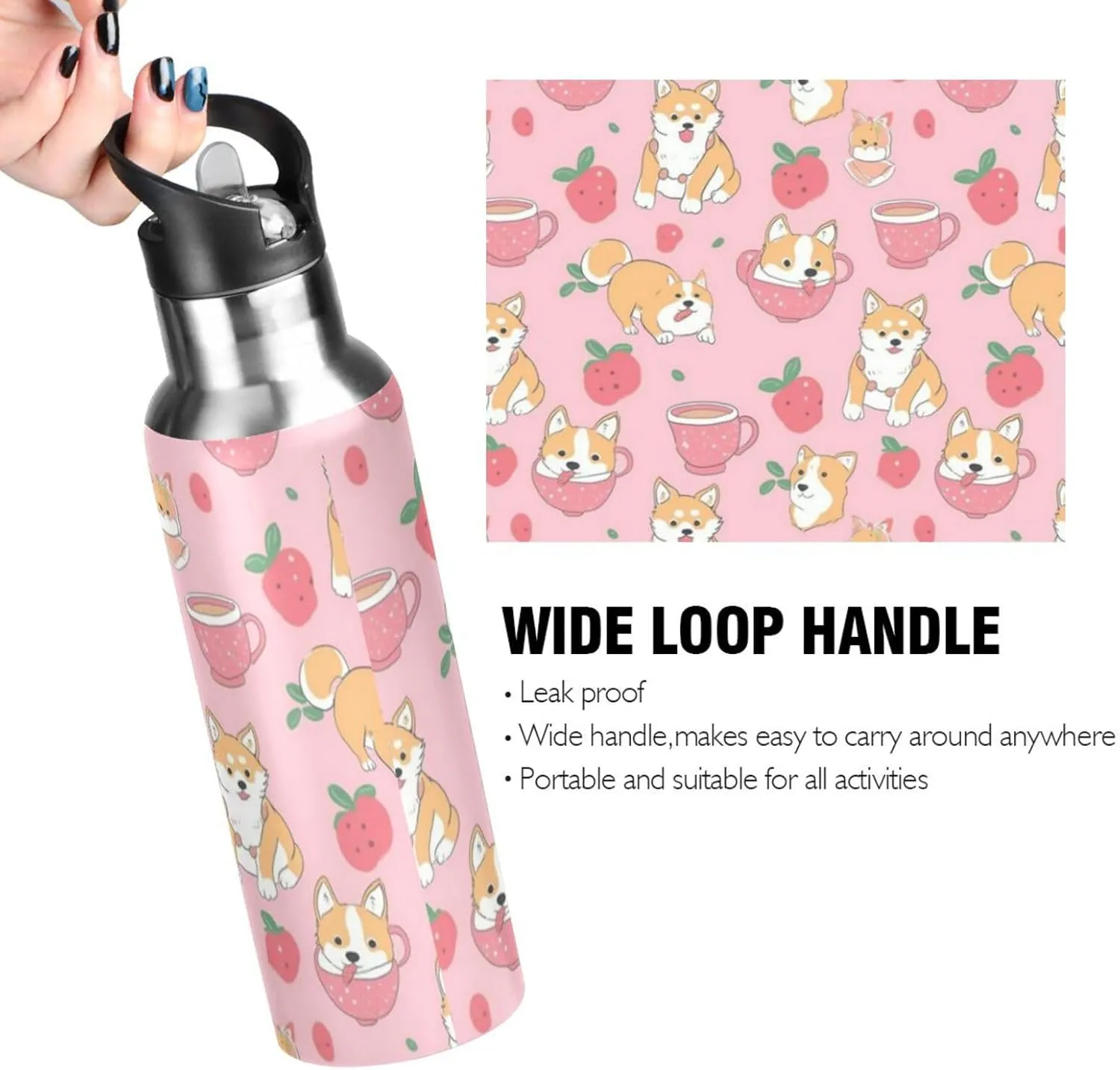 Cute Dogs Fruits Water Bottle with Straw Lid Double Wall Pink Cup Thermos Bottle Vacuum Insulated Flask Stainless Steel Water Bottle for Gym Outdoor 20 OZ