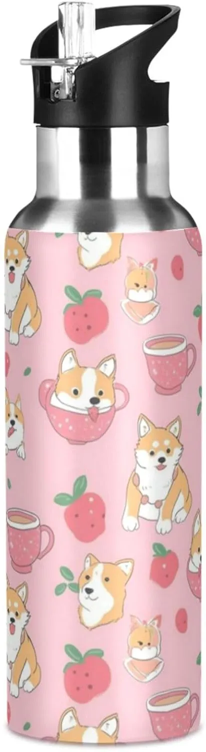 Cute Dogs Fruits Water Bottle with Straw Lid Double Wall Pink Cup Thermos Bottle Vacuum Insulated Flask Stainless Steel Water Bottle for Gym Outdoor 20 OZ