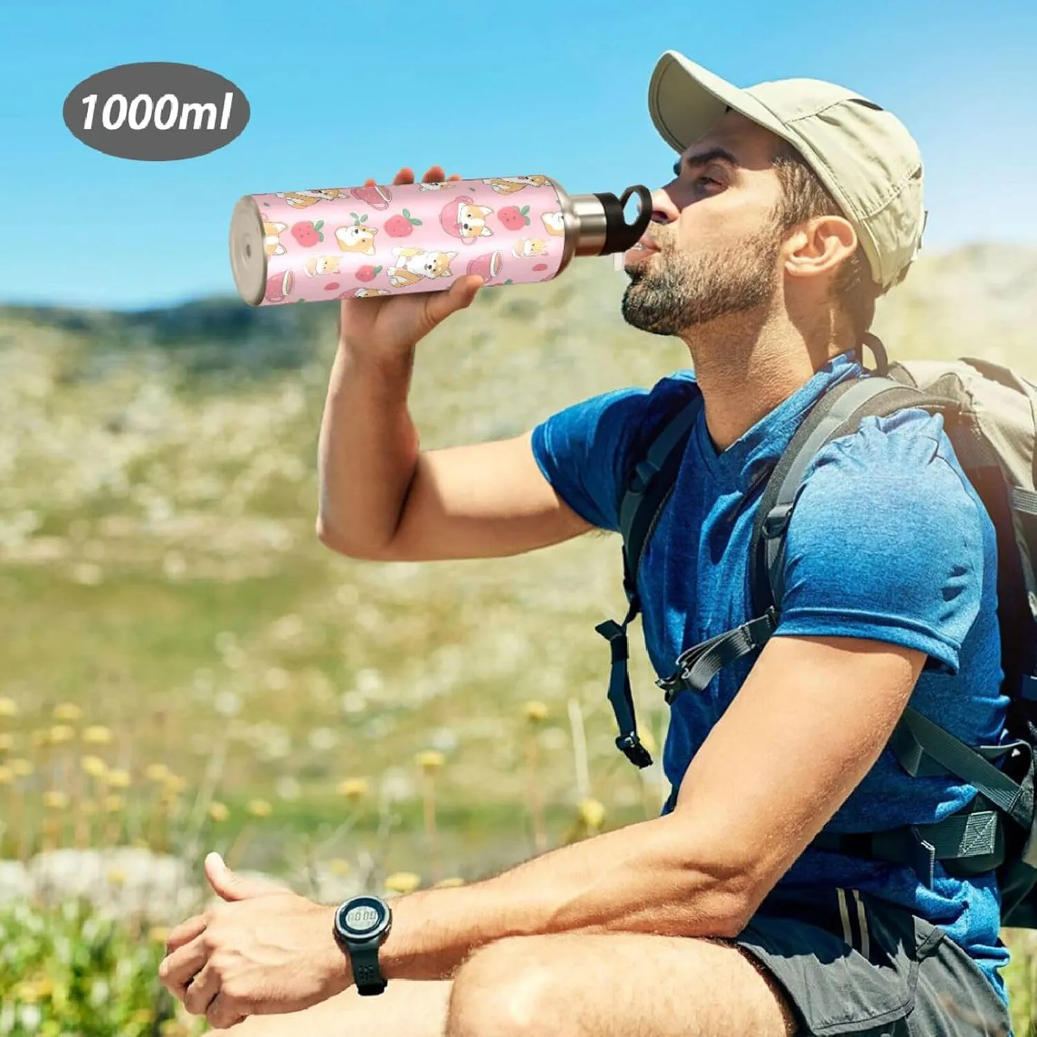 Cute Dogs Fruits Water Bottle with Straw Lid Double Wall Pink Cup Thermos Bottle Vacuum Insulated Flask Stainless Steel Water Bottle for Gym Outdoor 20 OZ