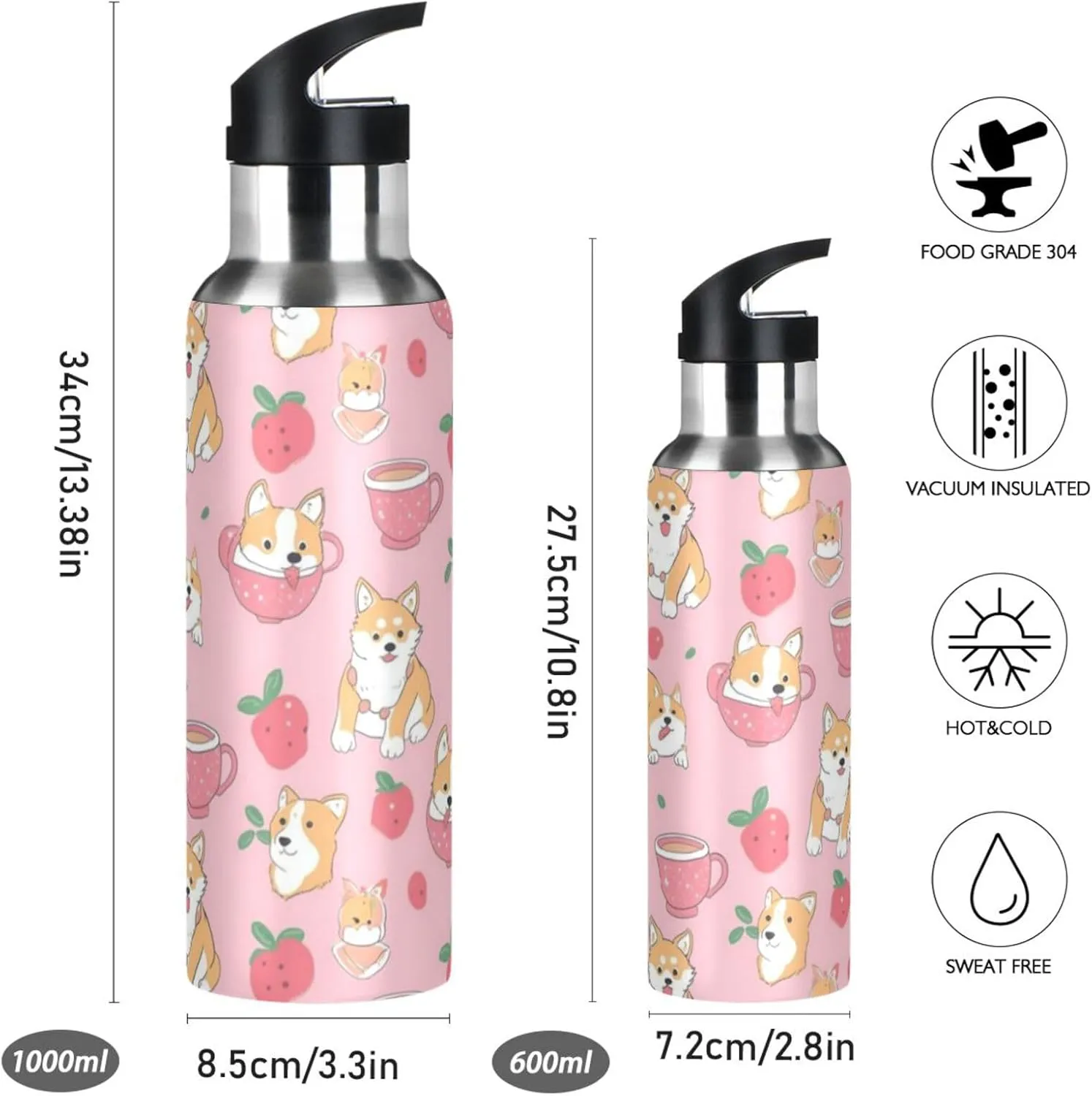 Cute Dogs Fruits Water Bottle with Straw Lid Double Wall Pink Cup Thermos Bottle Vacuum Insulated Flask Stainless Steel Water Bottle for Gym Outdoor 20 OZ