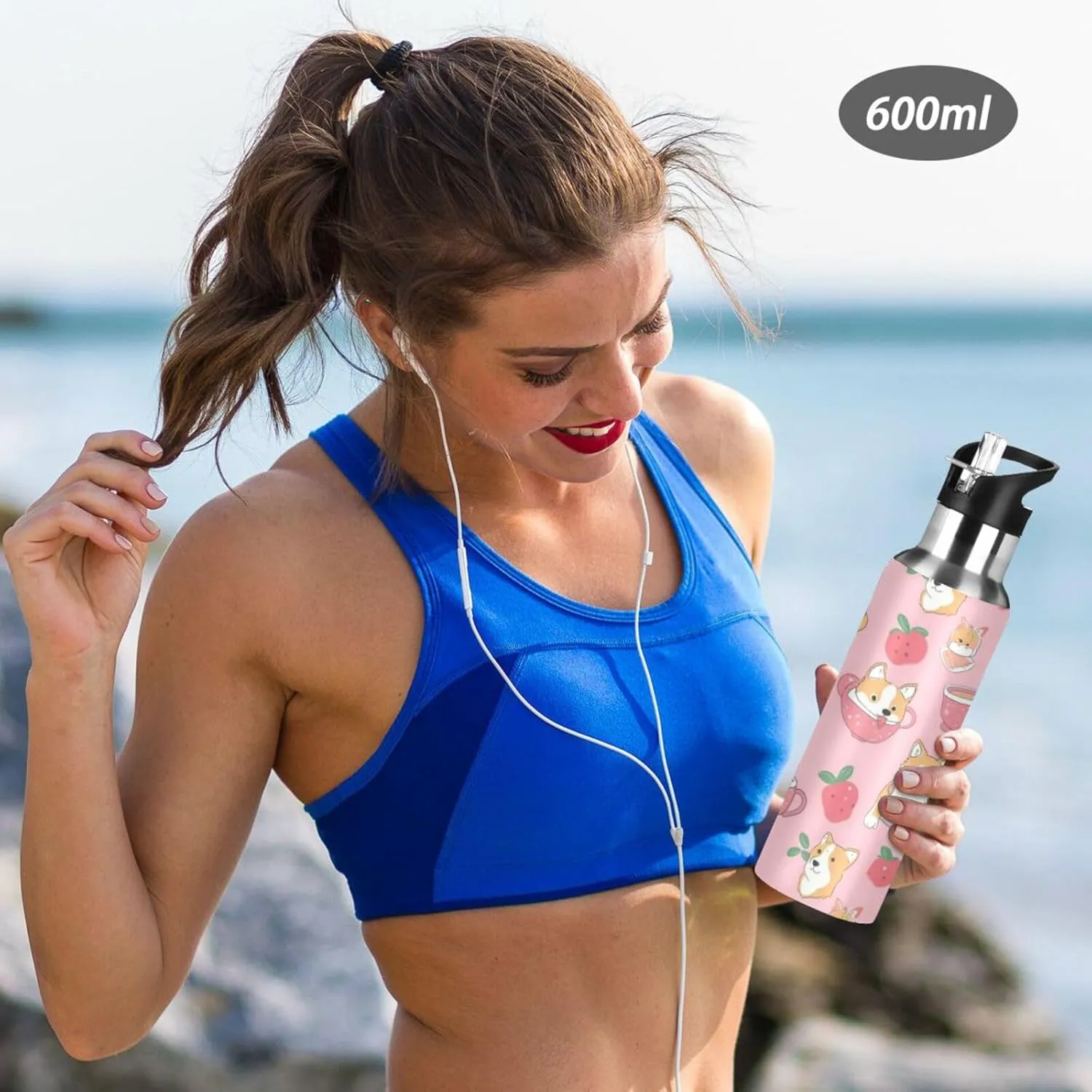 Cute Dogs Fruits Water Bottle with Straw Lid Double Wall Pink Cup Thermos Bottle Vacuum Insulated Flask Stainless Steel Water Bottle for Gym Outdoor 20 OZ