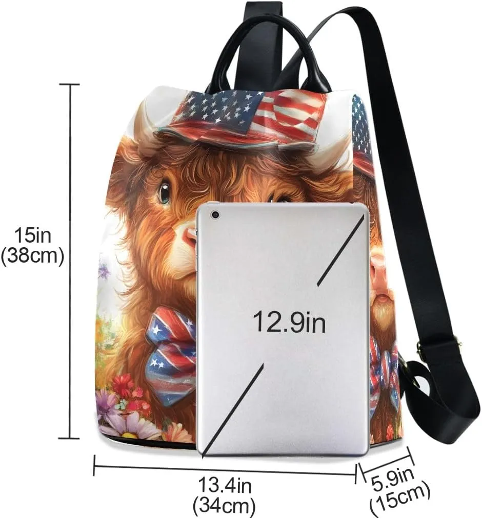 Cute Highland Cow Wearing Flag Hat Rucksack Backpack for Women Anti Theft Back Zipper Pocket Design Travel Bag with Pompom