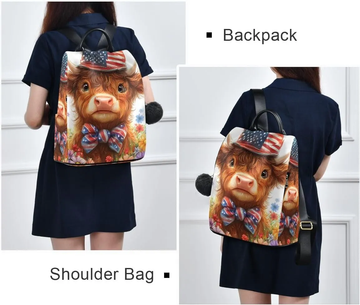 Cute Highland Cow Wearing Flag Hat Rucksack Backpack for Women Anti Theft Back Zipper Pocket Design Travel Bag with Pompom