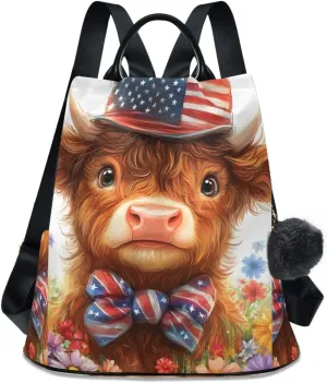 Cute Highland Cow Wearing Flag Hat Rucksack Backpack for Women Anti Theft Back Zipper Pocket Design Travel Bag with Pompom