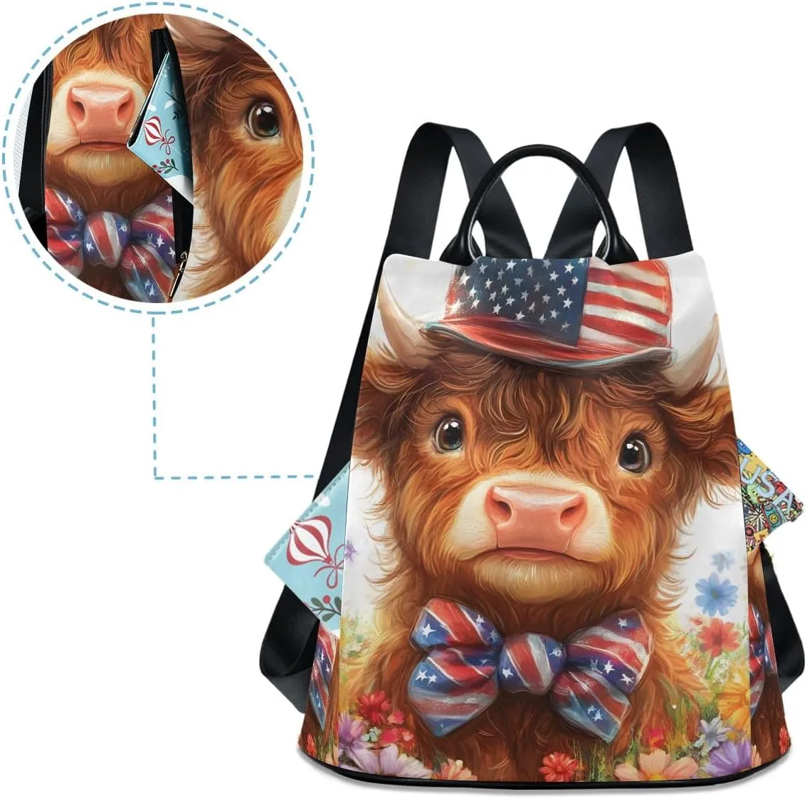Cute Highland Cow Wearing Flag Hat Rucksack Backpack for Women Anti Theft Back Zipper Pocket Design Travel Bag with Pompom