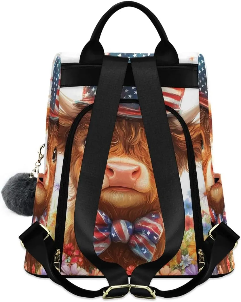 Cute Highland Cow Wearing Flag Hat Rucksack Backpack for Women Anti Theft Back Zipper Pocket Design Travel Bag with Pompom