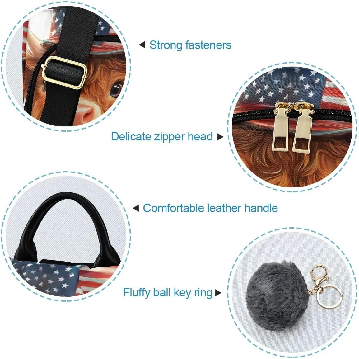 Cute Highland Cow Wearing Flag Hat Rucksack Backpack for Women Anti Theft Back Zipper Pocket Design Travel Bag with Pompom