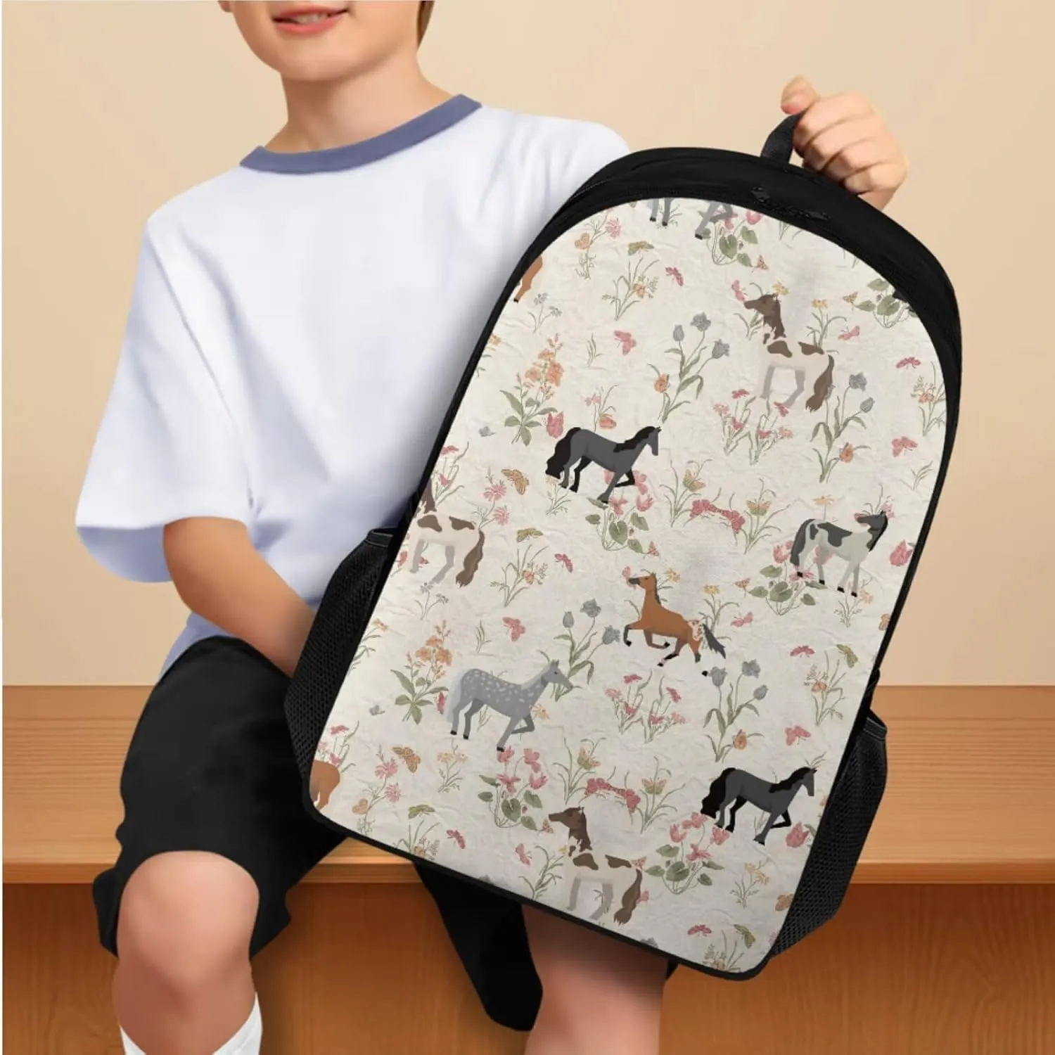 Cute Horse Backpack for Boys Elementary School Backpack with Lunch Box Pencil Case and Bookmark Cool 4 in 1 Set Bookbags with Side Cup Holder for Primary School Students