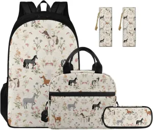 Cute Horse Backpack for Boys Elementary School Backpack with Lunch Box Pencil Case and Bookmark Cool 4 in 1 Set Bookbags with Side Cup Holder for Primary School Students