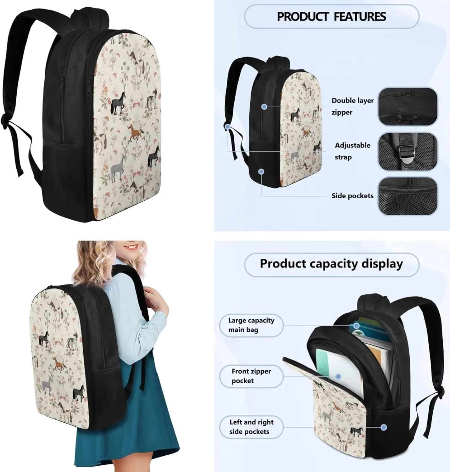 Cute Horse Backpack for Boys Elementary School Backpack with Lunch Box Pencil Case and Bookmark Cool 4 in 1 Set Bookbags with Side Cup Holder for Primary School Students