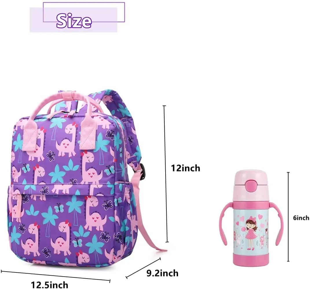 Cute Preschool Backpack Toddler School Book Bag for Girls Boys Kids Kindergarten Nursery Travel Bag with Chest Strap(12inch, Girly Dinosaur)