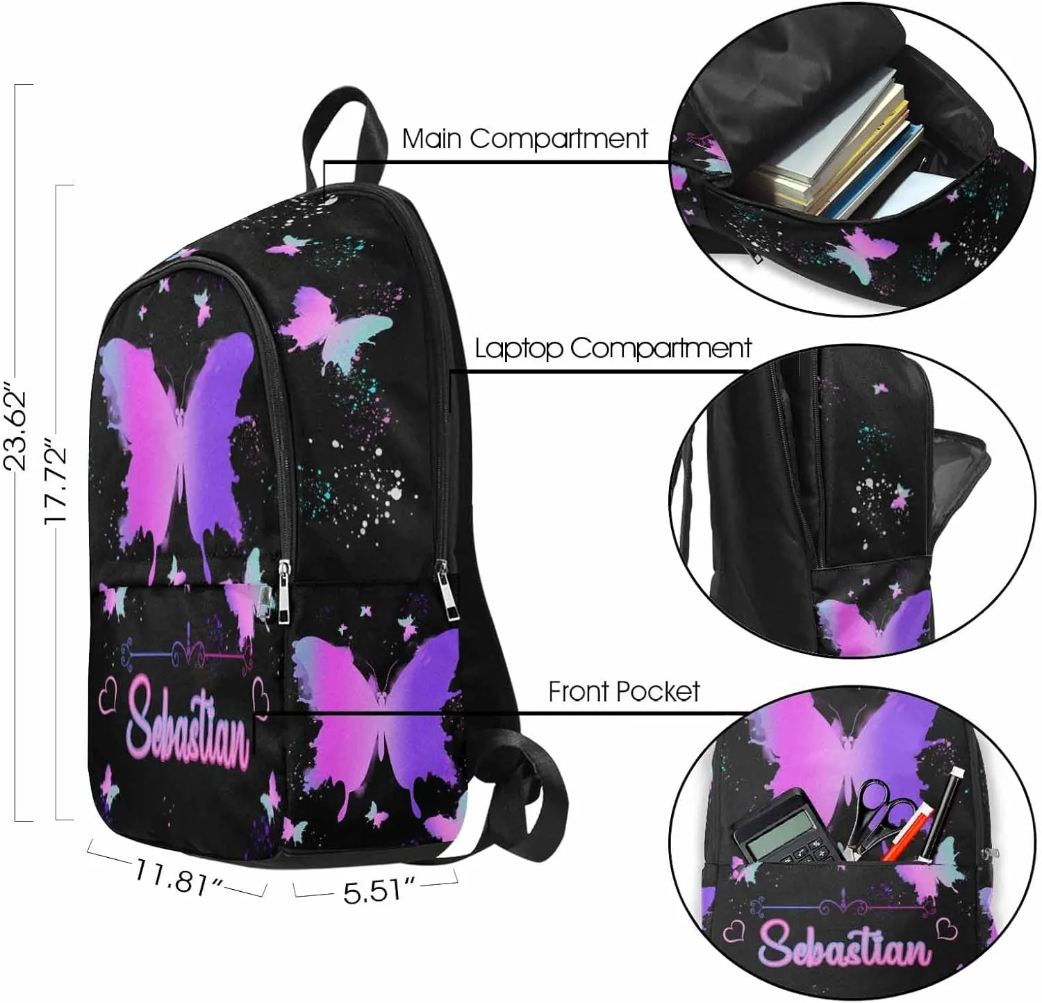 D-Story Custom Backpack With Name For Girls Rainbow butterfly bag Personalized Kids Backpack Girls Backpack and Lunchbox & Pencil Case 3 in 1