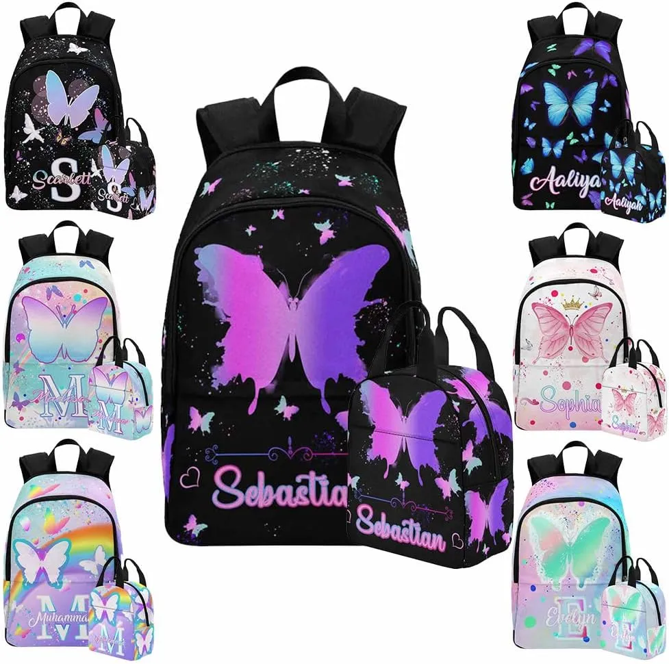 D-Story Custom Backpack With Name For Girls Rainbow butterfly bag Personalized Kids Backpack Girls Backpack and Lunchbox & Pencil Case 3 in 1