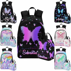 D-Story Custom Backpack With Name For Girls Rainbow butterfly bag Personalized Kids Backpack Girls Backpack and Lunchbox & Pencil Case 3 in 1