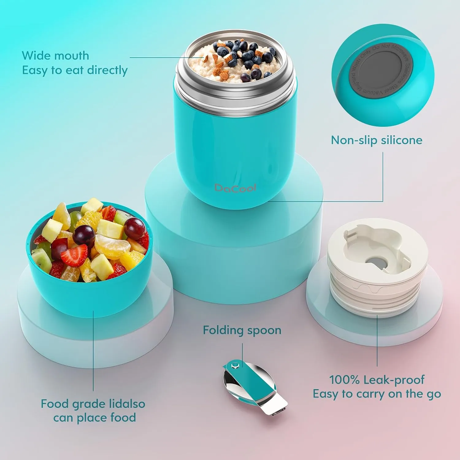 DaCool 2 Pack Food Thermos for Hot Food 16 OZ Insulated Food Jar Kids Adult Vacuum Stainless Steel Lunch Food Thermos Insulated Lunch Container for School Office Picnic Travel Outdoors,Black Cyan Blue