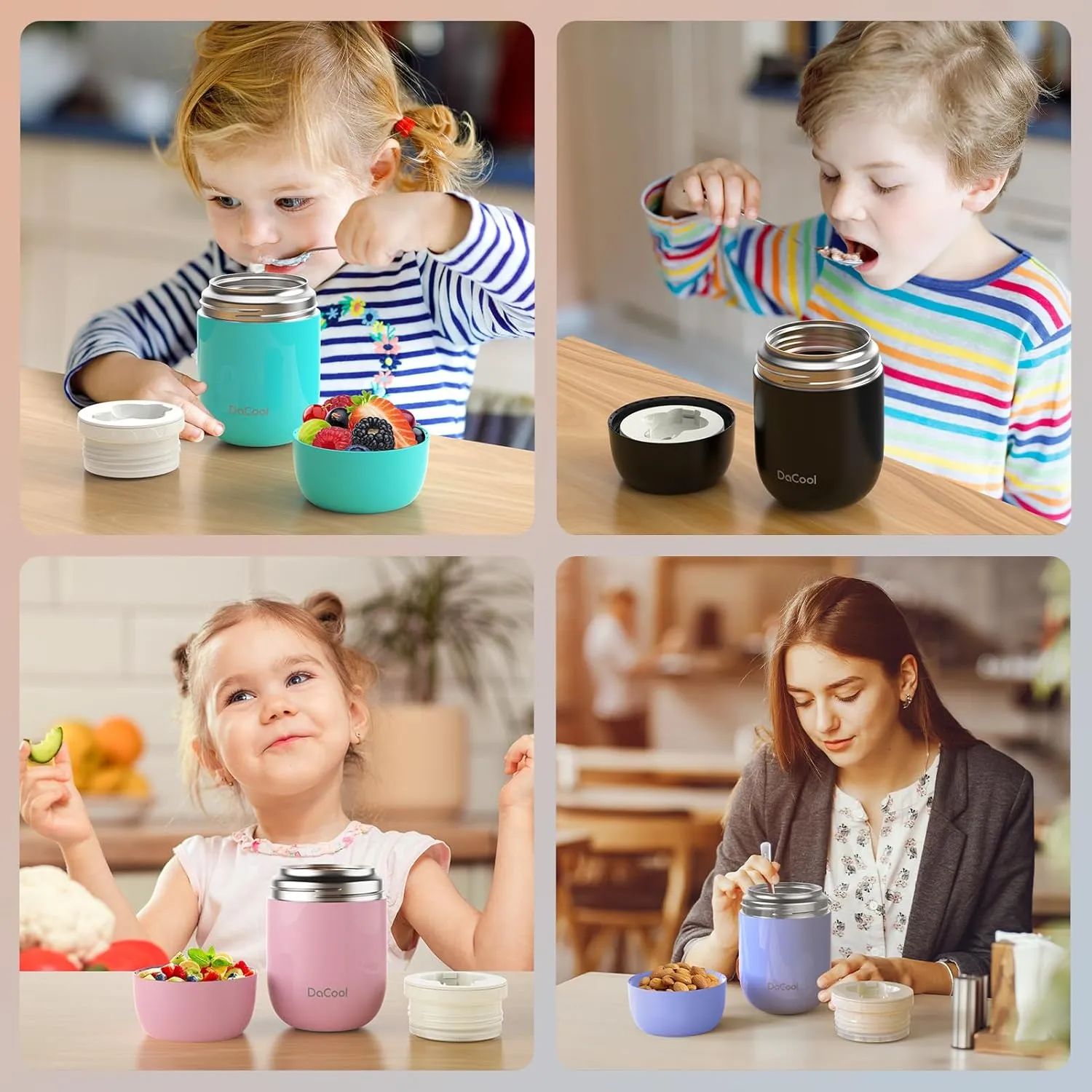 DaCool 2 Pack Food Thermos for Hot Food 16 OZ Insulated Food Jar Kids Adult Vacuum Stainless Steel Lunch Food Thermos Insulated Lunch Container for School Office Picnic Travel Outdoors,Black Cyan Blue