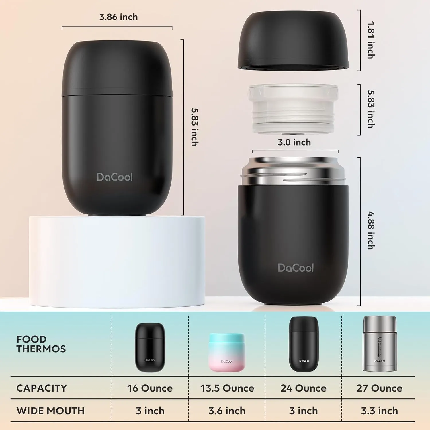 DaCool 2 Pack Food Thermos for Hot Food 16 OZ Insulated Food Jar Kids Adult Vacuum Stainless Steel Lunch Food Thermos Insulated Lunch Container for School Office Picnic Travel Outdoors,Black Cyan Blue