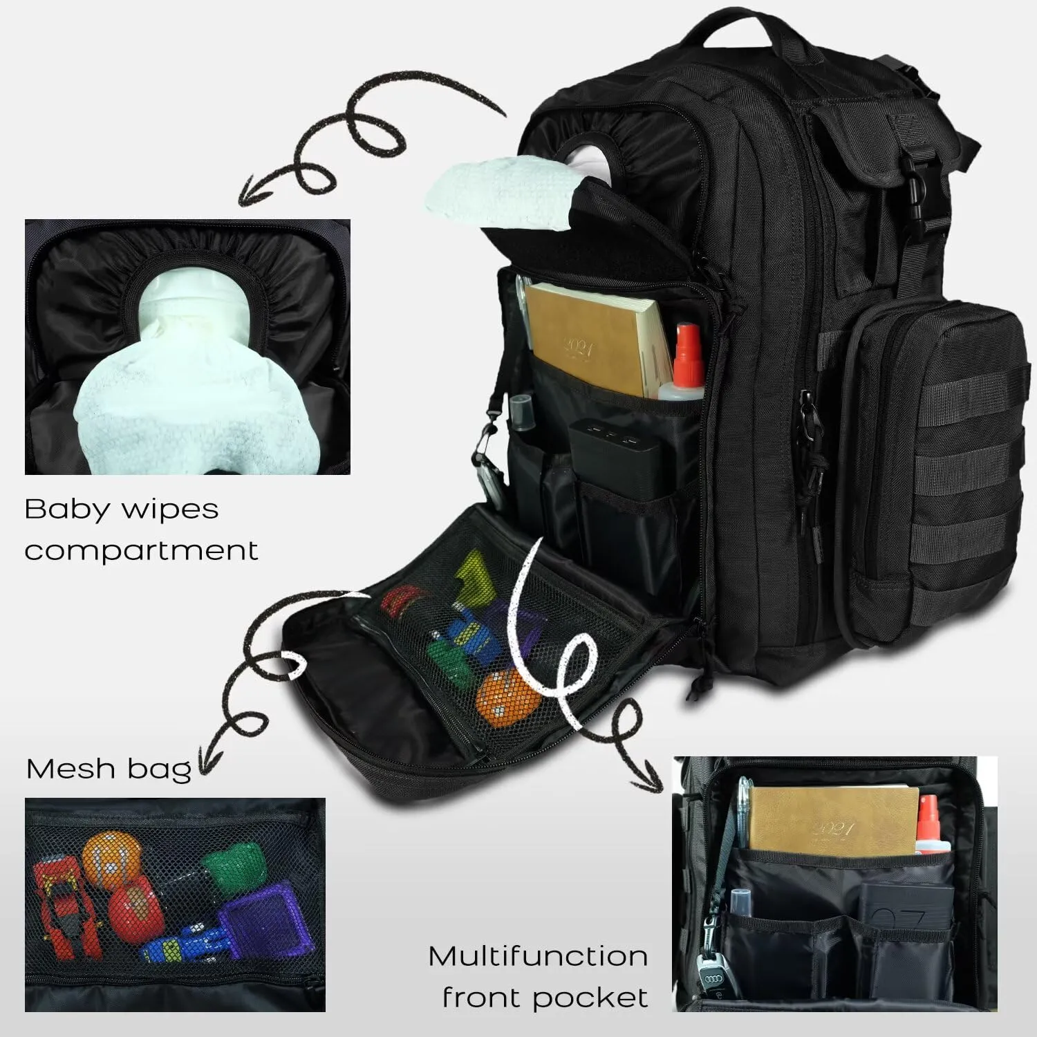 Dad Diaper Bag, Mens Diaper Bag Backpack with Diaper Changing Mat, Military Diaper Backpack with Molle Webbing, Waterproof Pouch, Baby Wipes pocket, Insulated Bottle Pockets- Tropical Black