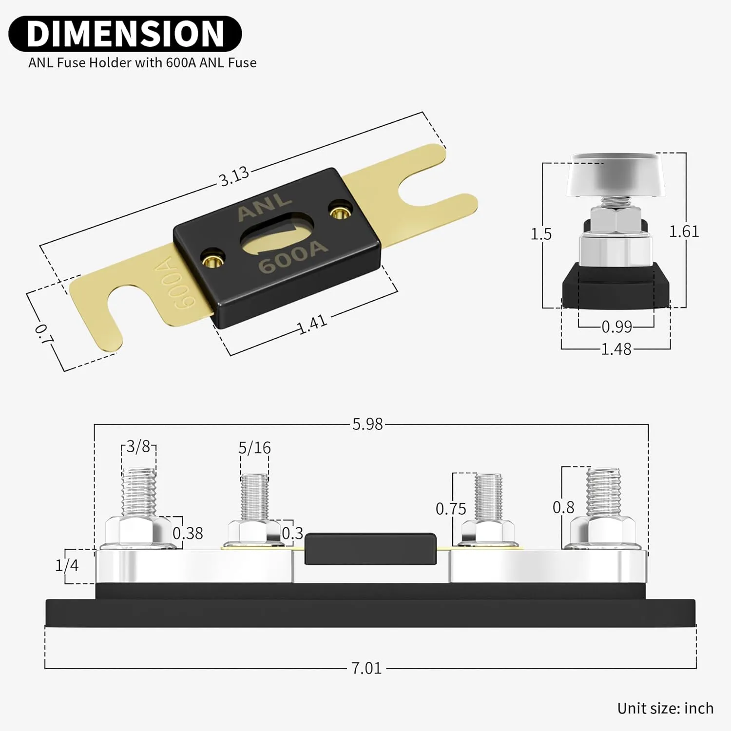 DaierTek ANL Fuse Holder with 600 Amp ANL Fuse M10 Stud Terminals Max 750A Marine ANL Fuse Block with Gold Plated 600A ANL Fuse for Automotive Car Truck Boat
