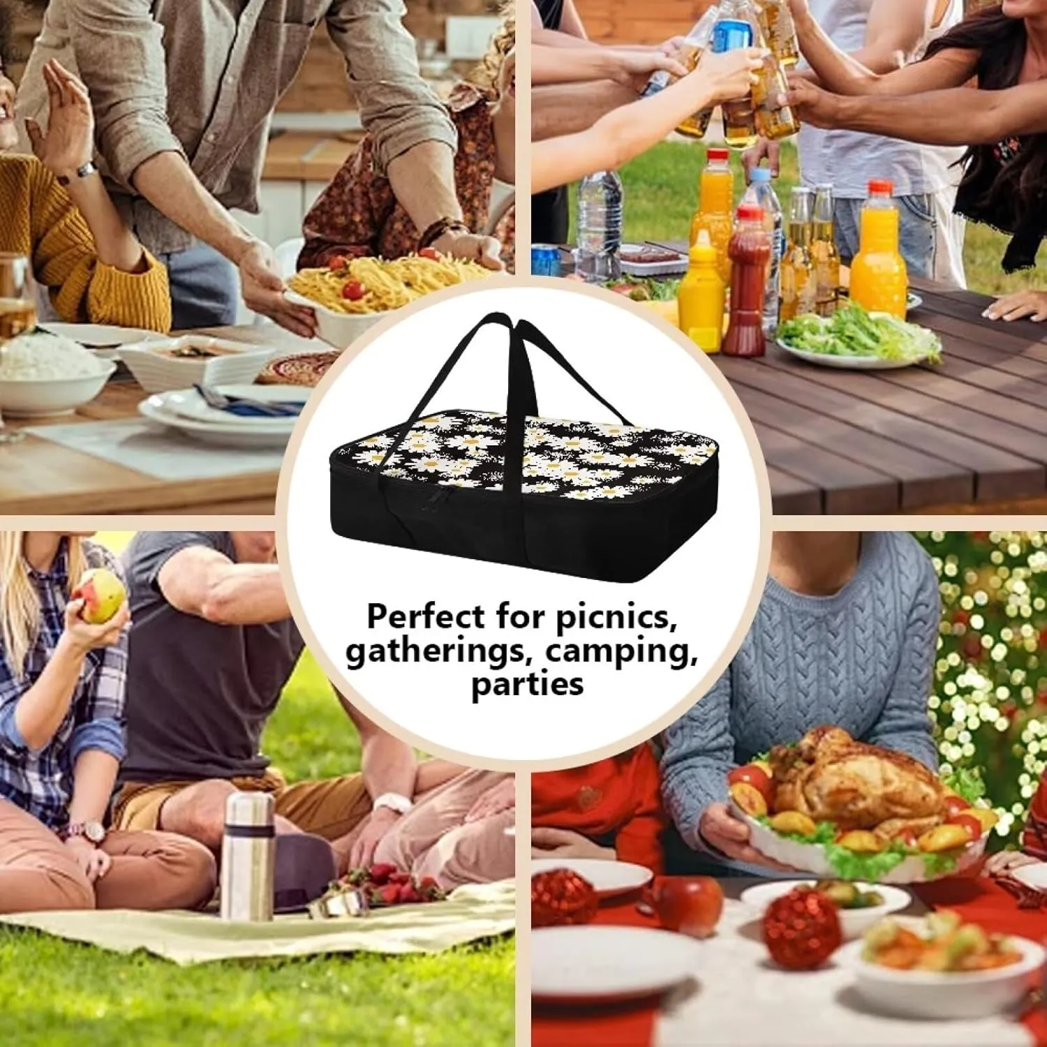 Daisy Insulated Casserole Carrier Travel Bag for Hot or Cold Food Casserole Dish Carrying Case with Heat Resistant Lining Reusable Food Carrier for Beach Parties Picnic