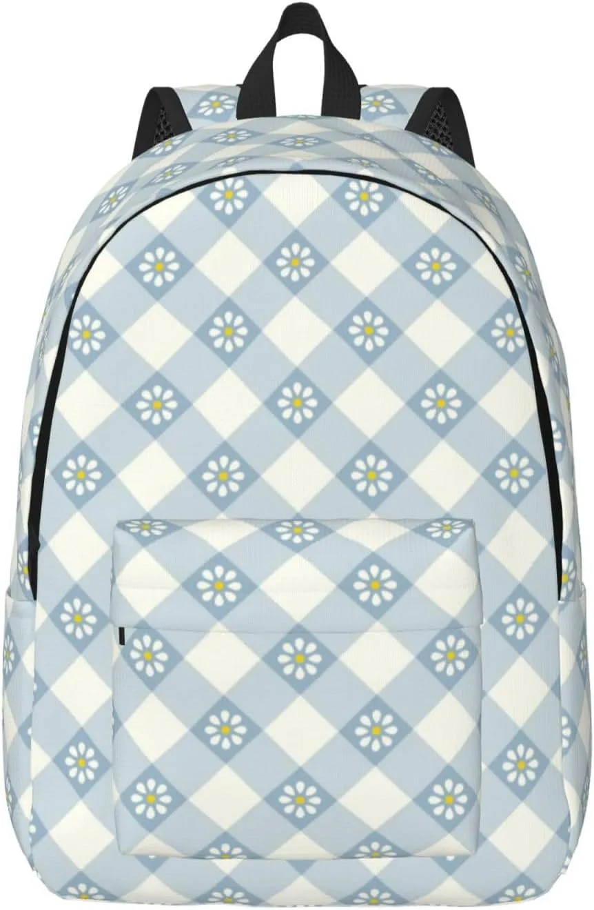 Daisy Plaid Blue Lightweight Canvas Backpack, Backpack For Women Men Couples, Travel Laptop Backpack