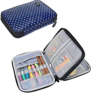 Damero Crochet Hook Case, Travel Storage Bag for Swing Crochet Hooks, Lighted Hooks, Needles(Up to 8'') and Accessories, Large, Blue Dots (No Accessories Included)