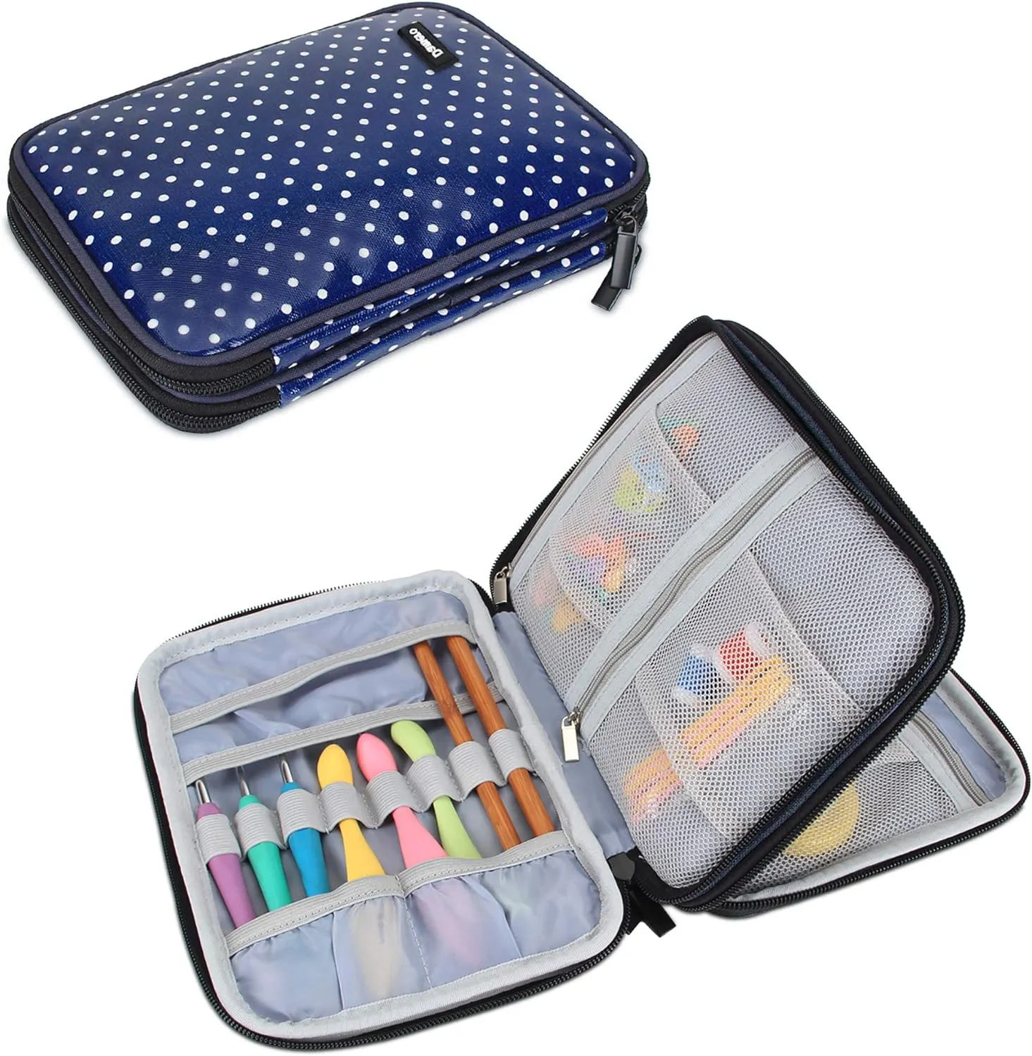 Damero Crochet Hook Case, Travel Storage Bag for Swing Crochet Hooks, Lighted Hooks, Needles(Up to 8'') and Accessories, Large, Blue Dots (No Accessories Included)