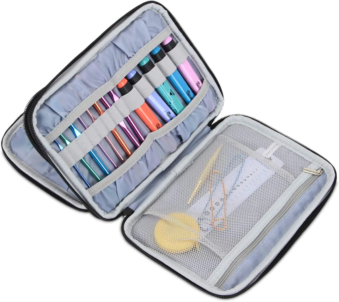 Damero Crochet Hook Case, Travel Storage Bag for Swing Crochet Hooks, Lighted Hooks, Needles(Up to 8'') and Accessories, Large, Blue Dots (No Accessories Included)