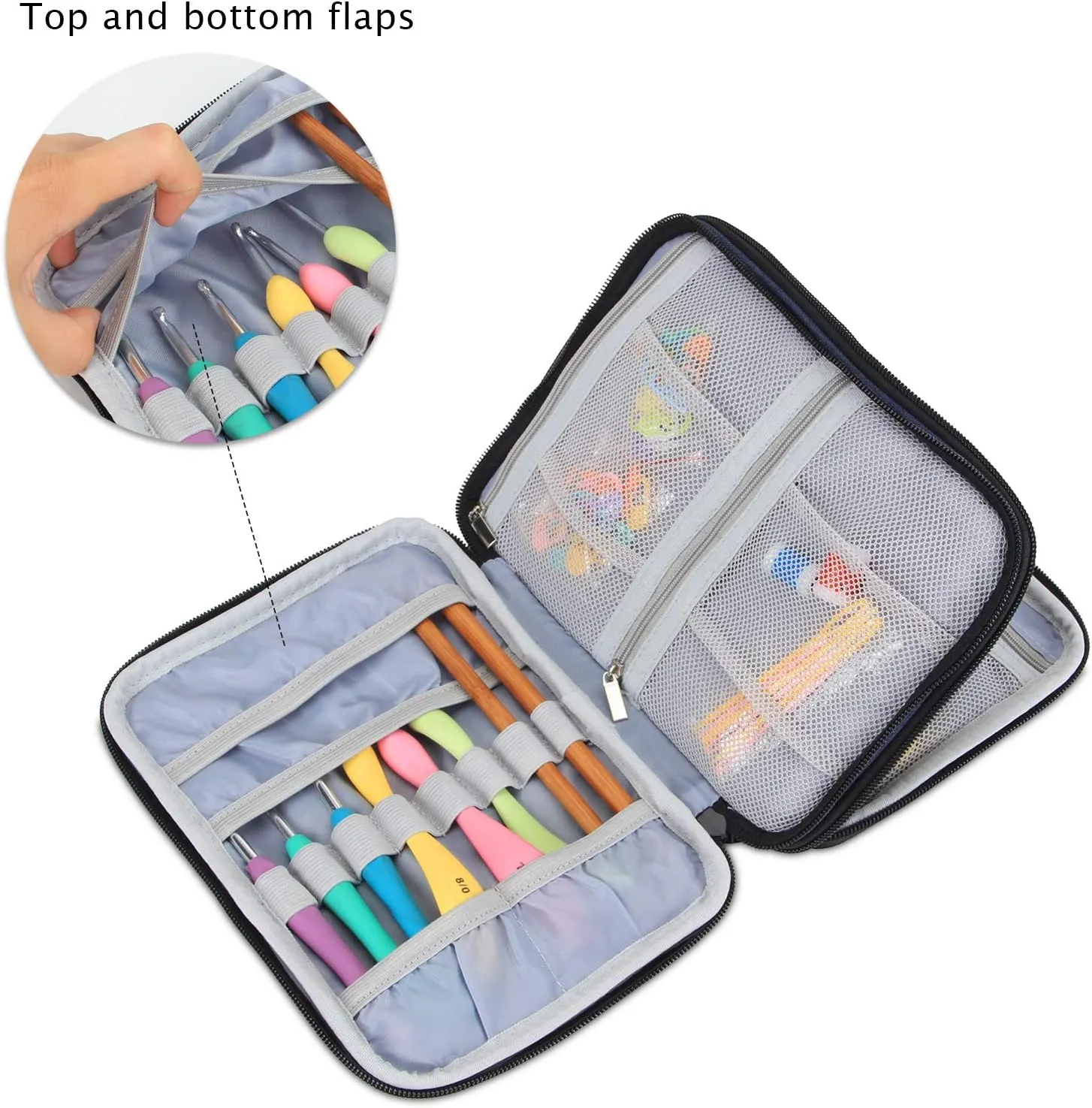 Damero Crochet Hook Case, Travel Storage Bag for Swing Crochet Hooks, Lighted Hooks, Needles(Up to 8'') and Accessories, Large, Blue Dots (No Accessories Included)