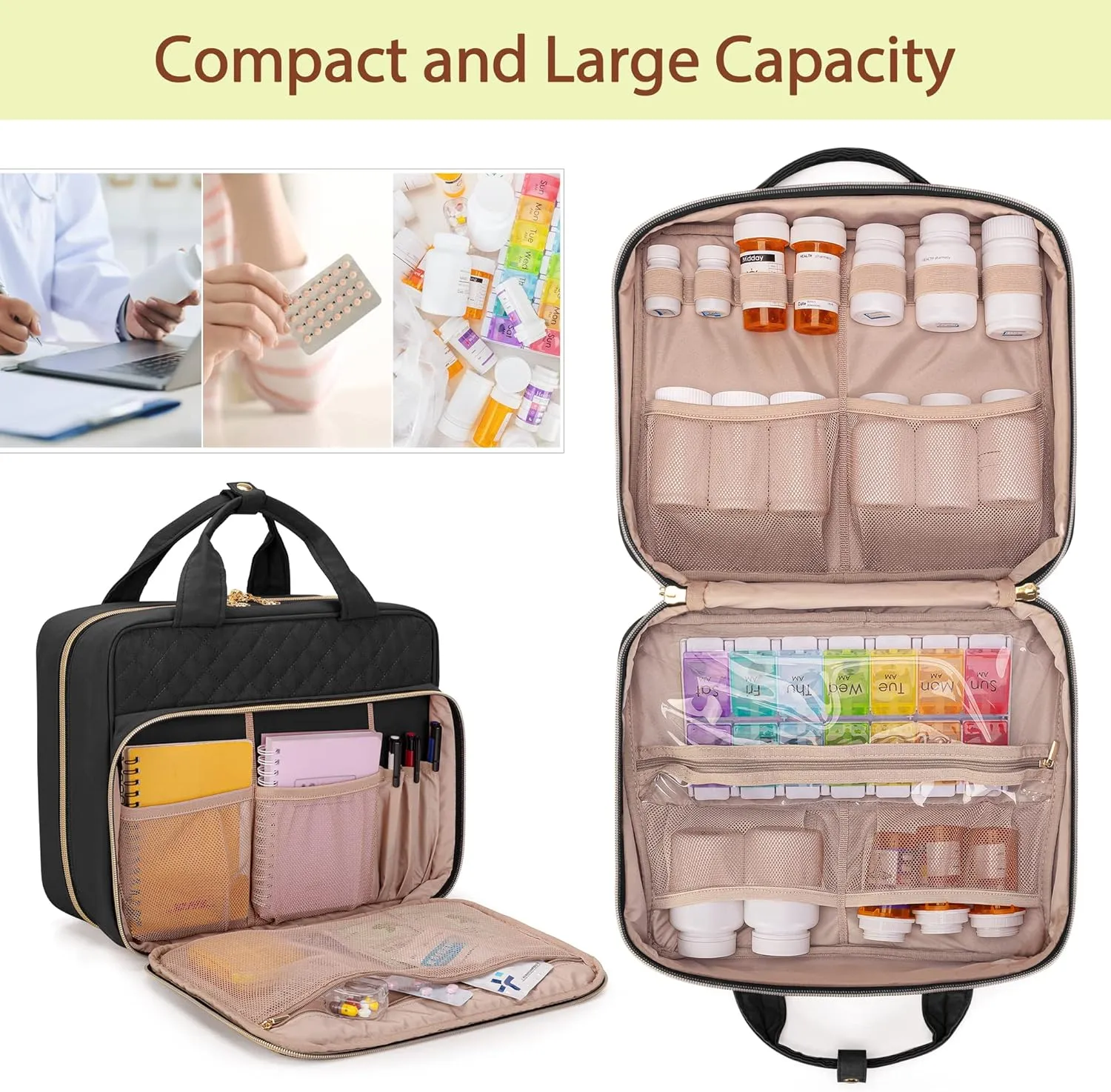 Damero Pill Bottle Organizer, Travel Medicine Bag Organizer, Medicine Organizer and Storage for Pills, Vitamin, Fish Oil, Medical Supplements for Women and Men, Black