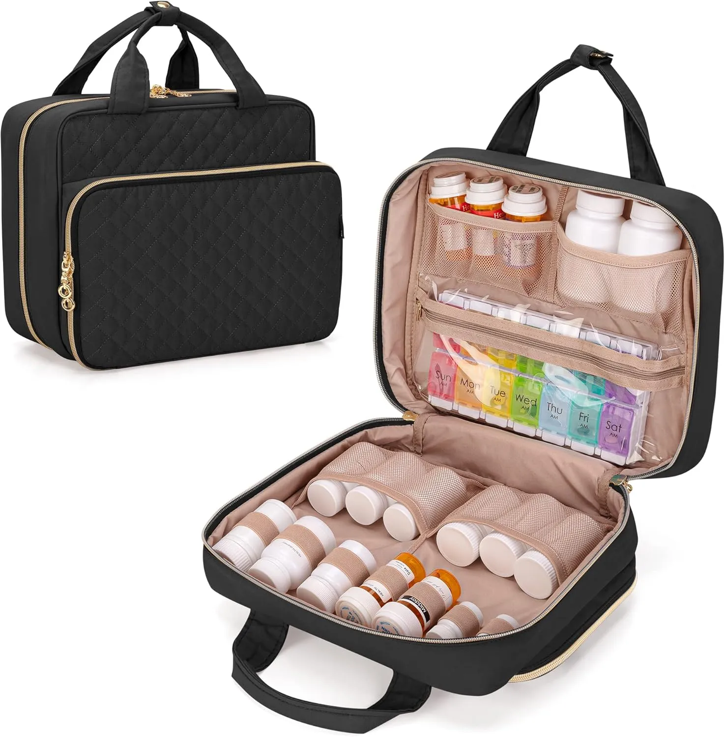 Damero Pill Bottle Organizer, Travel Medicine Bag Organizer, Medicine Organizer and Storage for Pills, Vitamin, Fish Oil, Medical Supplements for Women and Men, Black