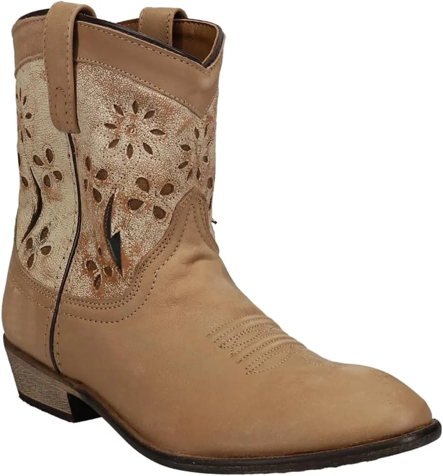 Dan Post Boots Womens White Daisy Tool-Inlay Round Toe Casual Boots Ankle Low Heel 1-2" - Beige