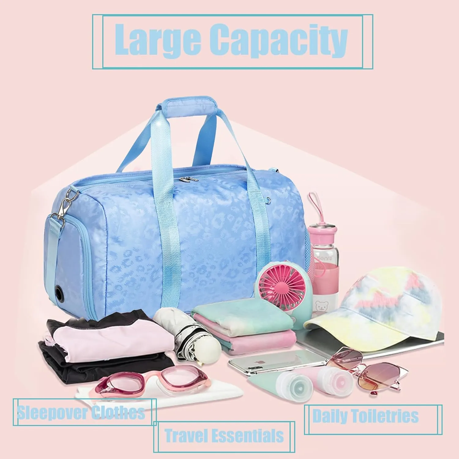 Dance Bag for Girls Duffle Bag Girls Overnight Bags Sleepover Gym Gymnastics Bags with Shoe Compartment and Wet Pocket,Leopard Shape