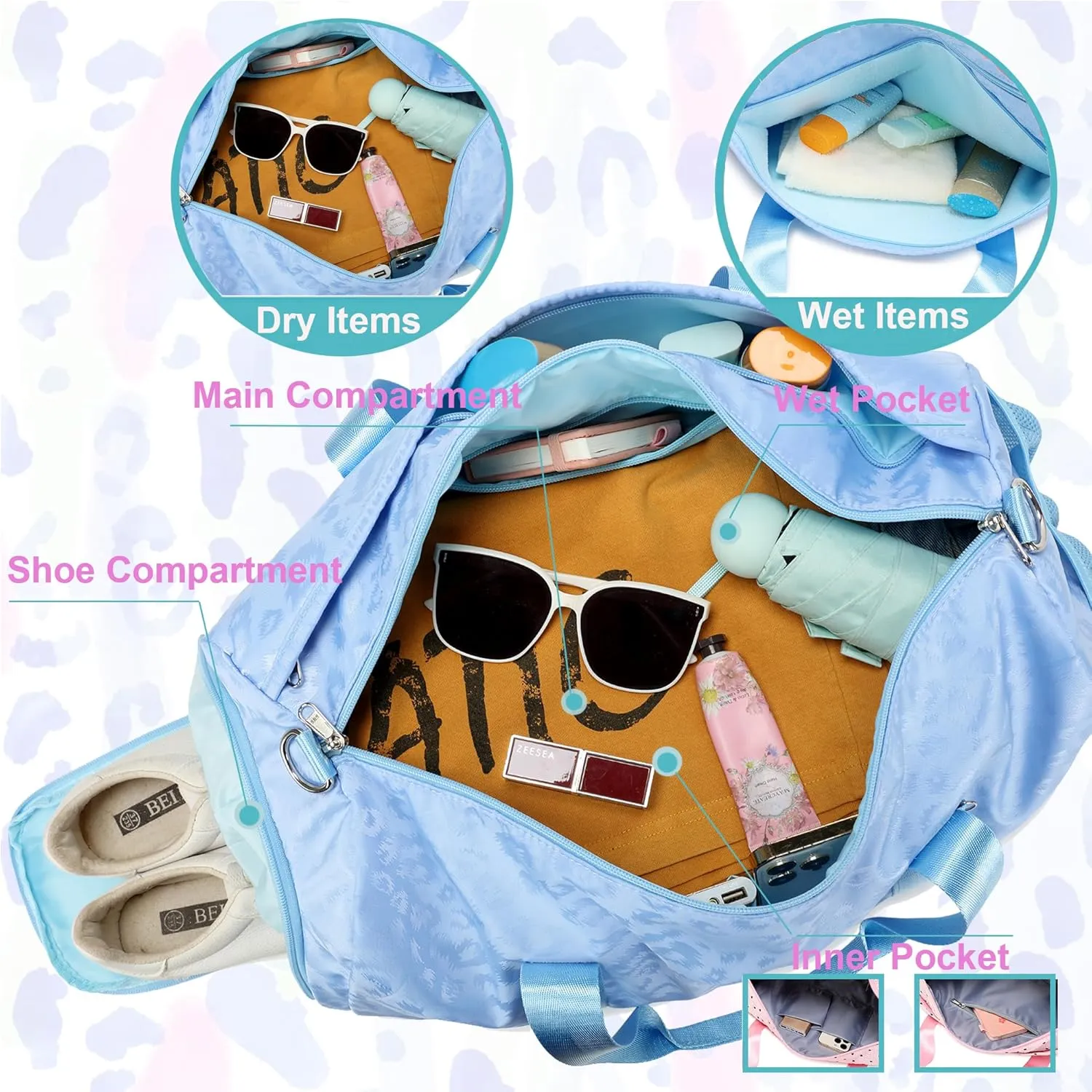 Dance Bag for Girls Duffle Bag Girls Overnight Bags Sleepover Gym Gymnastics Bags with Shoe Compartment and Wet Pocket,Leopard Shape