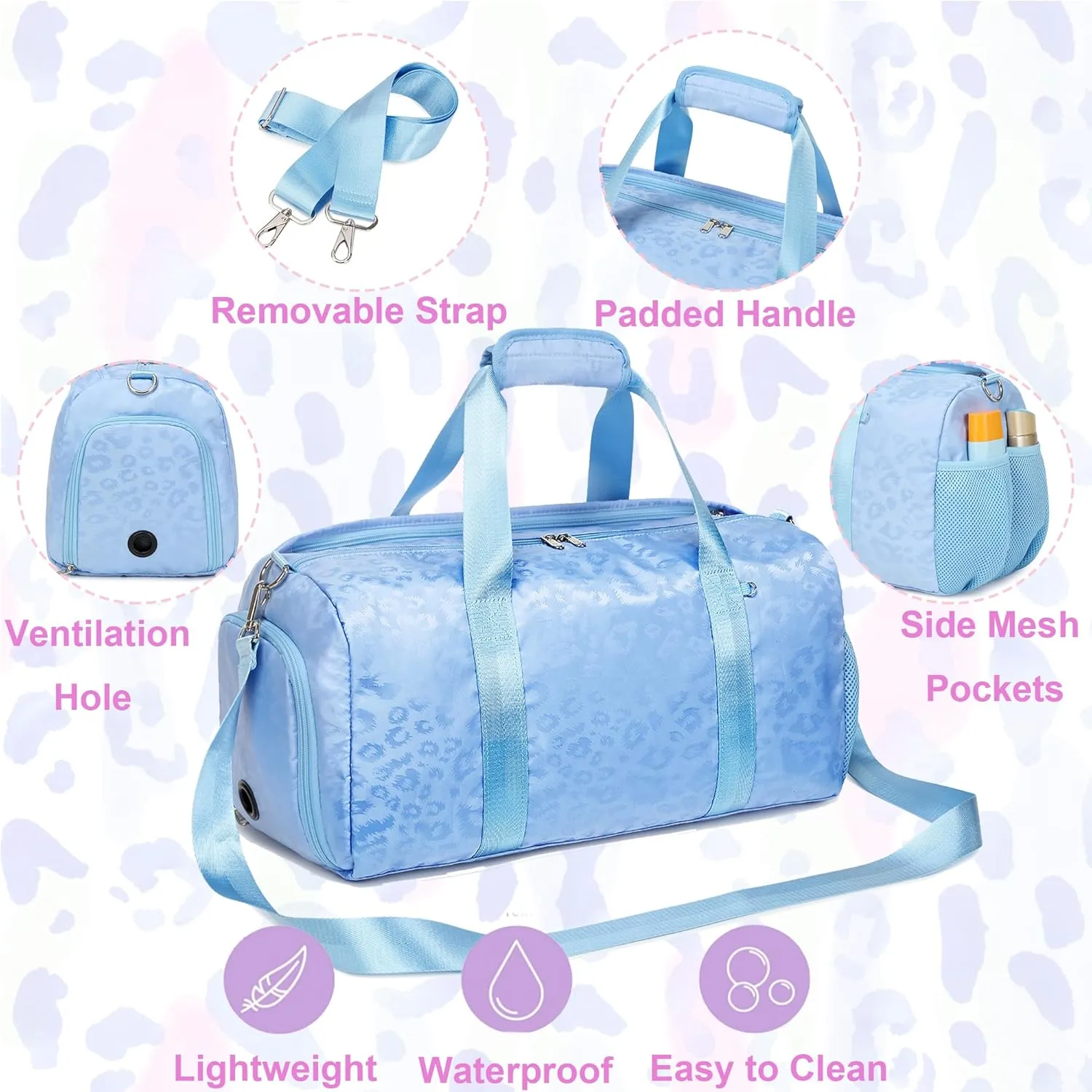 Dance Bag for Girls Duffle Bag Girls Overnight Bags Sleepover Gym Gymnastics Bags with Shoe Compartment and Wet Pocket,Leopard Shape
