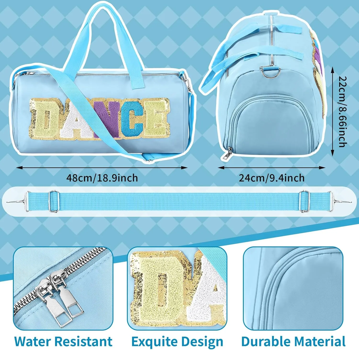 Dance Duffle Bag for women Bag with Adjustable Carry Strap and Handy Pouch Dance Backpack for Dancers(Blue)