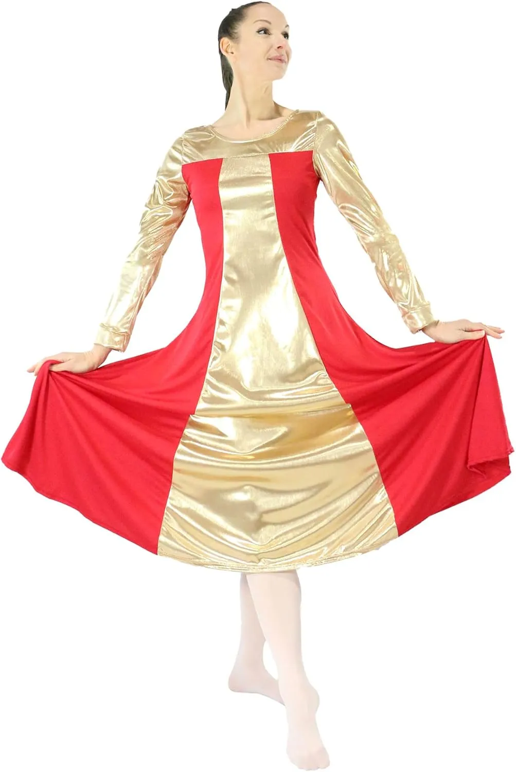 Danzcue Womens Metallic Color Block Long Sleeve Praise Dance Dress