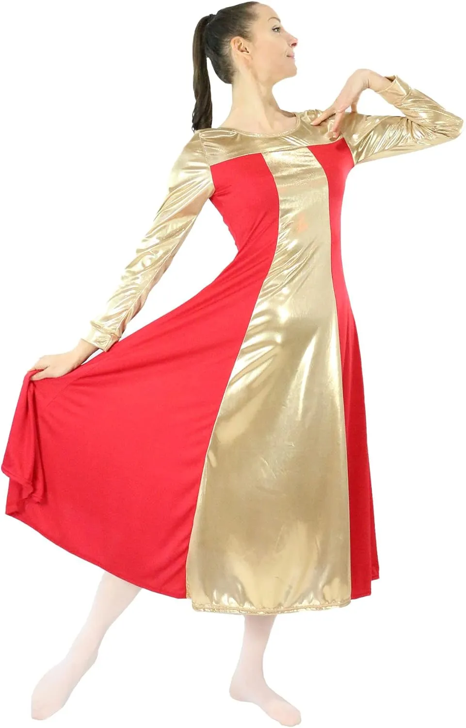 Danzcue Womens Metallic Color Block Long Sleeve Praise Dance Dress
