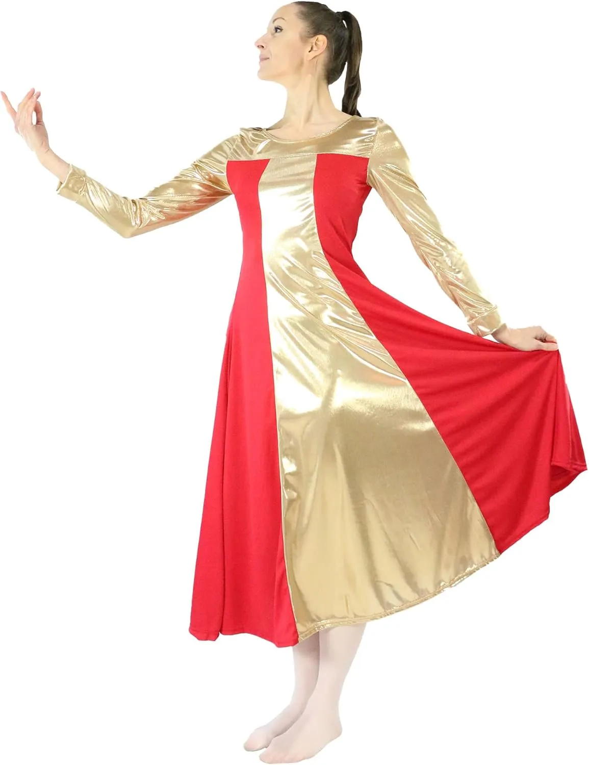 Danzcue Womens Metallic Color Block Long Sleeve Praise Dance Dress