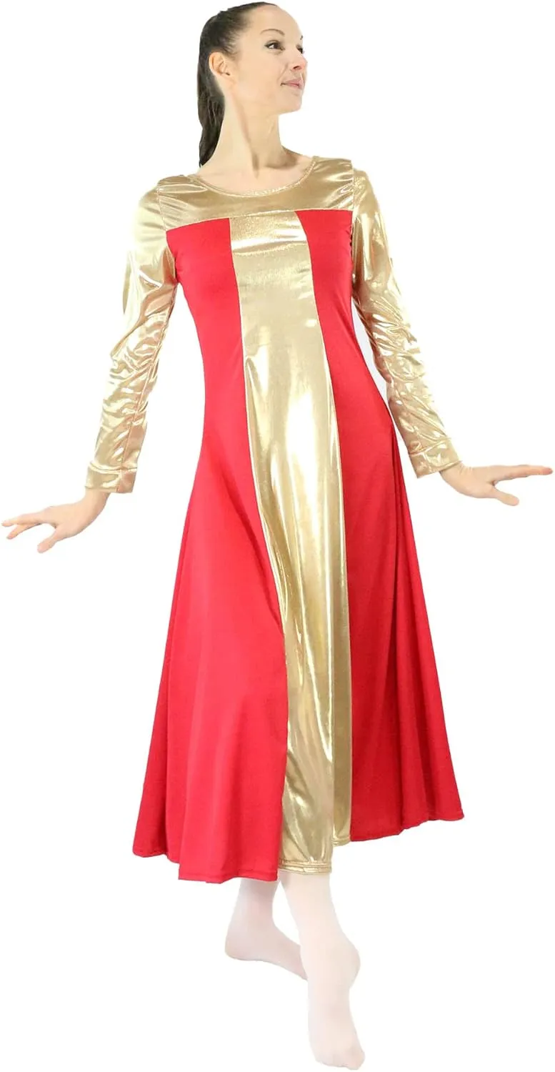 Danzcue Womens Metallic Color Block Long Sleeve Praise Dance Dress