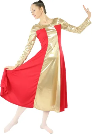 Danzcue Womens Metallic Color Block Long Sleeve Praise Dance Dress