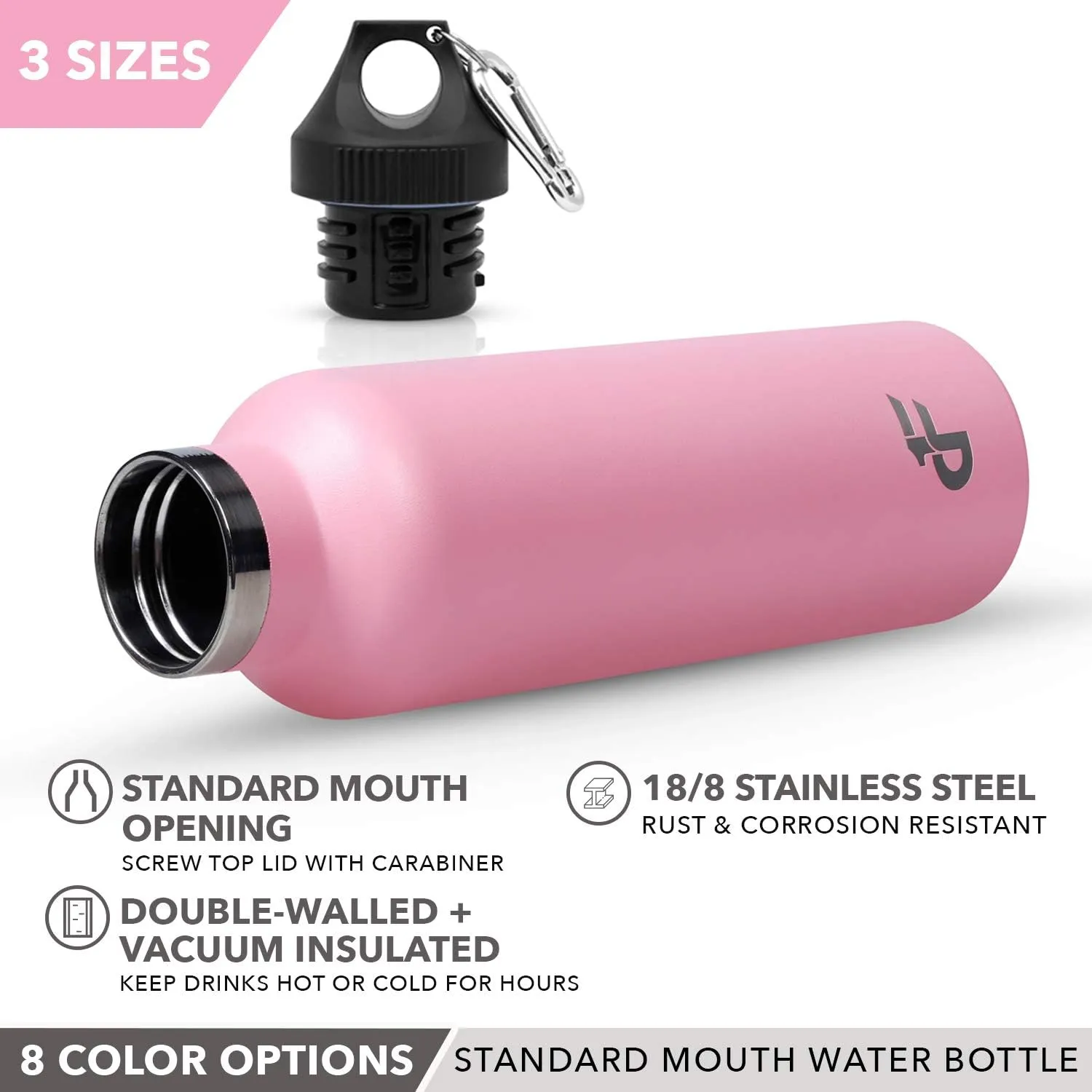 Day 1 Fitness Stainless Steel Water Bottle Standard Mouth, Carabiner Clip (16, 24, or 32oz) 3 Size, 8 Color, and Multi-pack Options – Vacuum Insulated, Double Walled, Powder-Coated Sweat Proof Thermos
