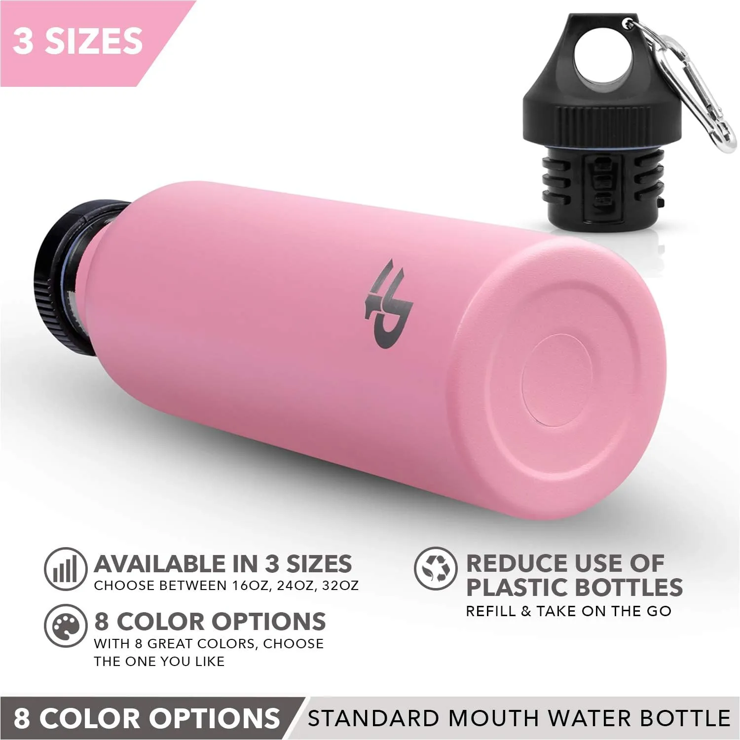 Day 1 Fitness Stainless Steel Water Bottle Standard Mouth, Carabiner Clip (16, 24, or 32oz) 3 Size, 8 Color, and Multi-pack Options – Vacuum Insulated, Double Walled, Powder-Coated Sweat Proof Thermos