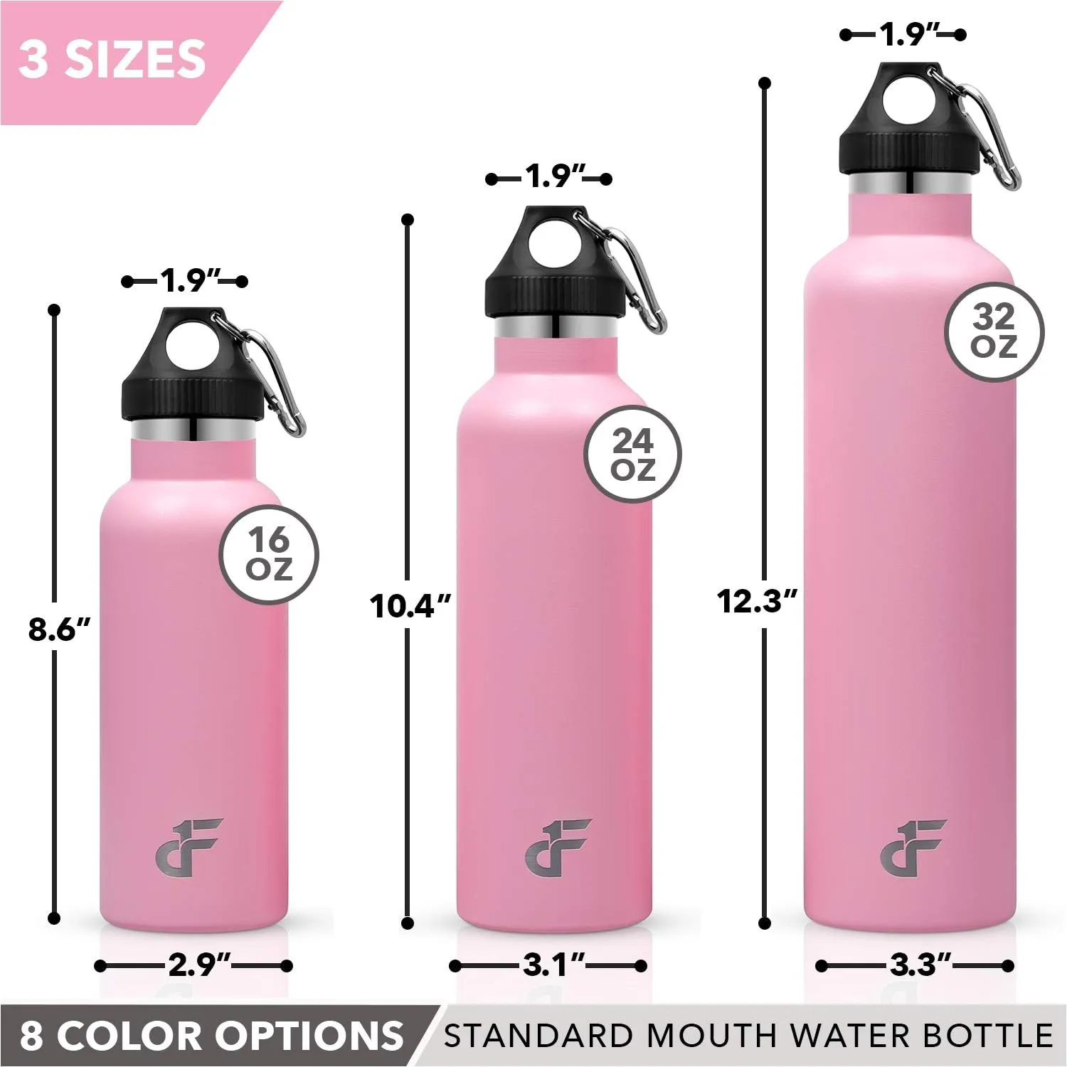 Day 1 Fitness Stainless Steel Water Bottle Standard Mouth, Carabiner Clip (16, 24, or 32oz) 3 Size, 8 Color, and Multi-pack Options – Vacuum Insulated, Double Walled, Powder-Coated Sweat Proof Thermos