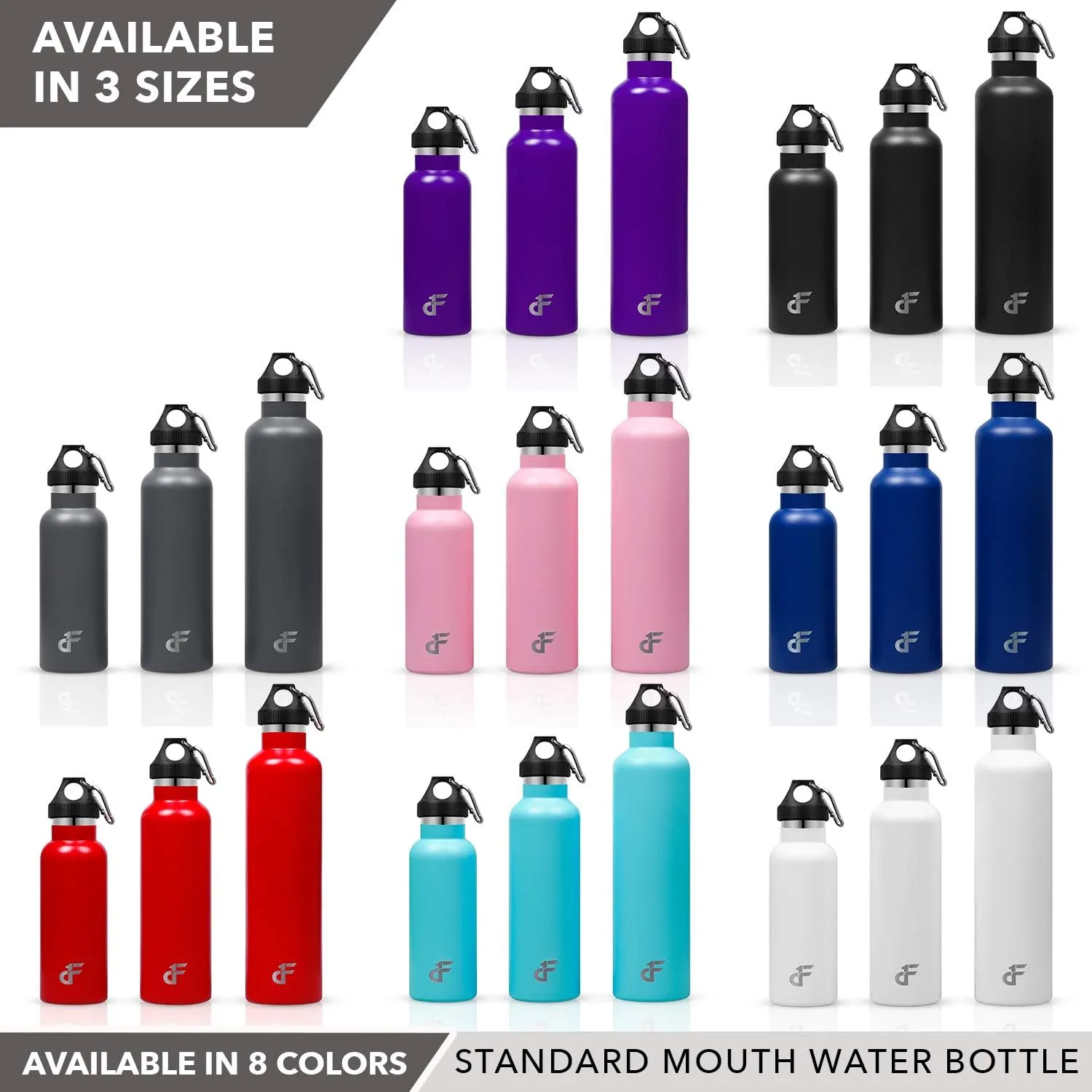 Day 1 Fitness Stainless Steel Water Bottle Standard Mouth, Carabiner Clip (16, 24, or 32oz) 3 Size, 8 Color, and Multi-pack Options – Vacuum Insulated, Double Walled, Powder-Coated Sweat Proof Thermos