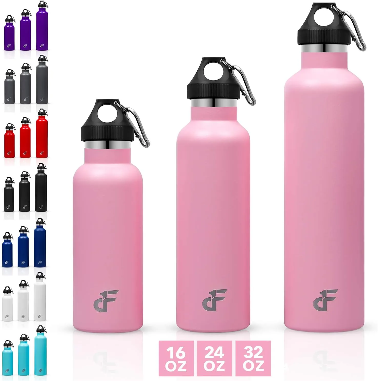 Day 1 Fitness Stainless Steel Water Bottle Standard Mouth, Carabiner Clip (16, 24, or 32oz) 3 Size, 8 Color, and Multi-pack Options – Vacuum Insulated, Double Walled, Powder-Coated Sweat Proof Thermos