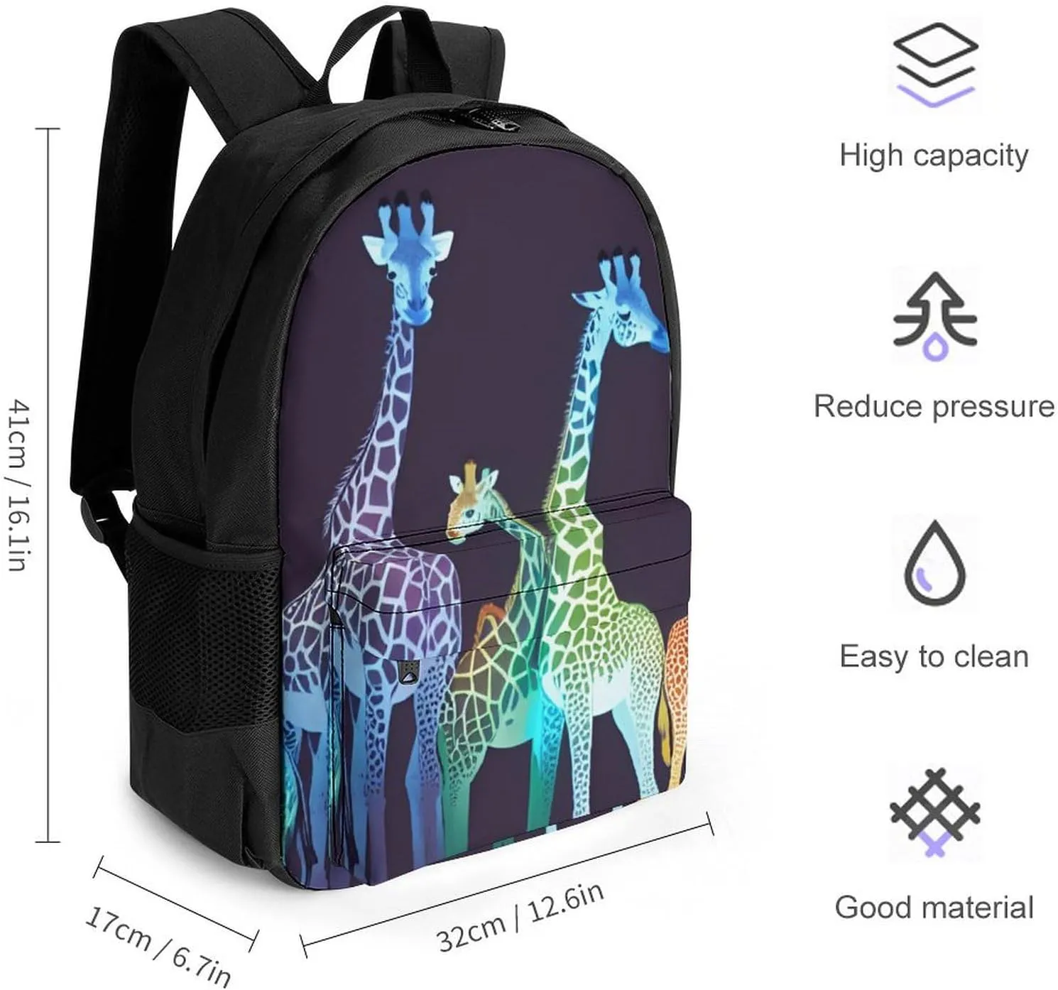 Daypack Backpack Anti-Theft Multipurpose Big Capacity Bookbag - Colorful Giraffe Art Business Computer Bag With Side Pockets